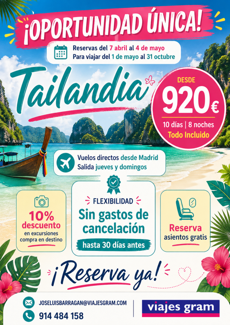 Viaje a Tailandia 10 días todo incluido desde Madrid