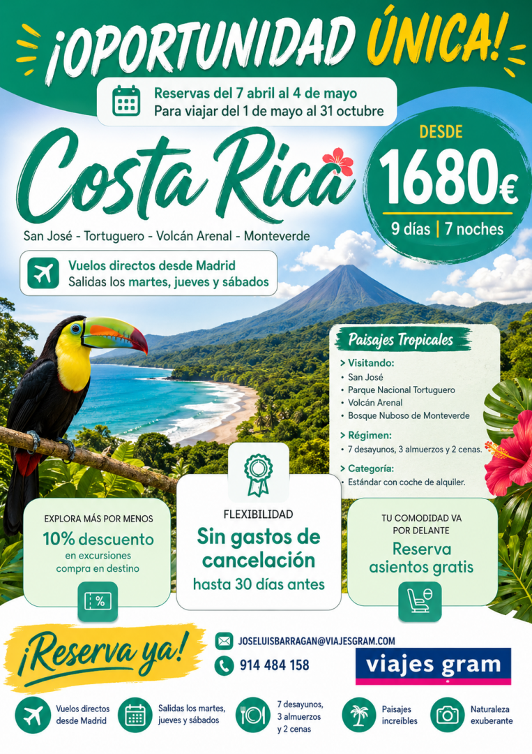 Viaje a Costa Rica 9 días con vuelos directos desde Madrid