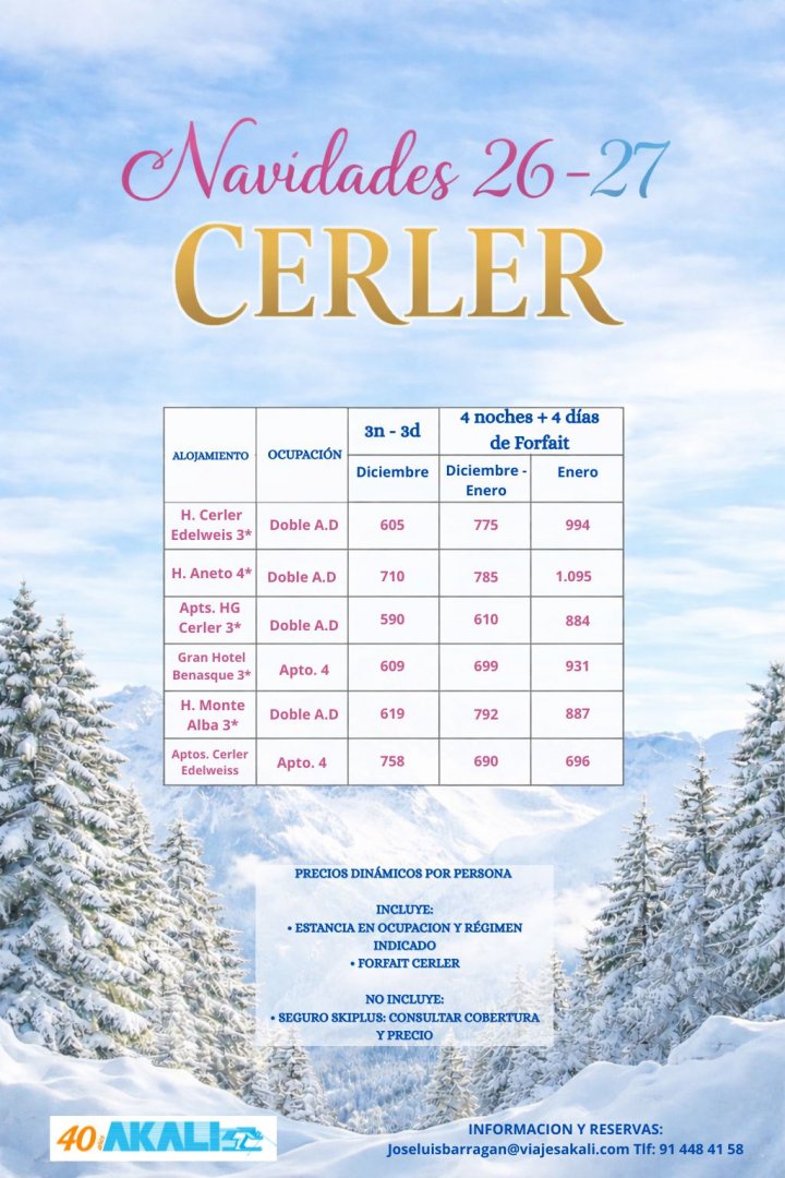 ALOJAMIENTO + FORFAITS CERLER 2026-2027